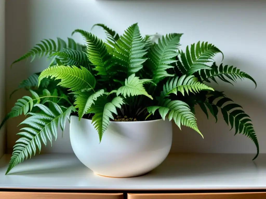 Una exuberante planta de interior en una elegante maceta blanca, iluminada suavemente, evocando calma y cuidado de plantas en el hogar