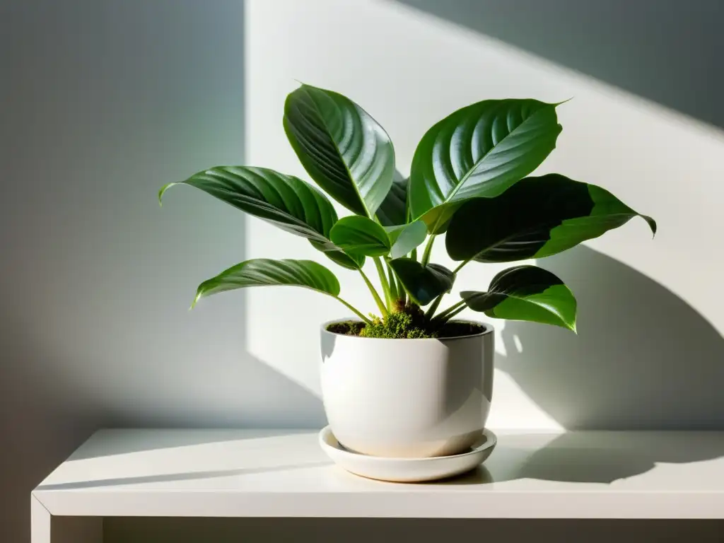 Una exuberante planta de interior en un elegante jarrón blanco contra una pared blanca