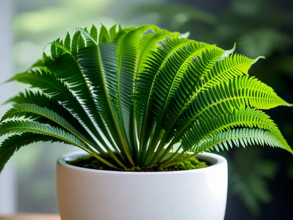 Una exuberante planta de interior en un elegante macetero blanco, bañada por la suave luz natural