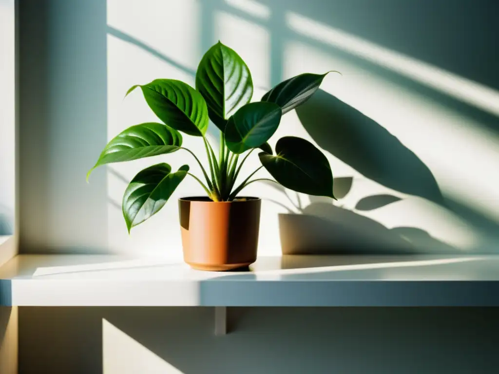 Una exuberante planta de interior en un estante blanco, bañada por suave luz indirecta, creando un ambiente sereno