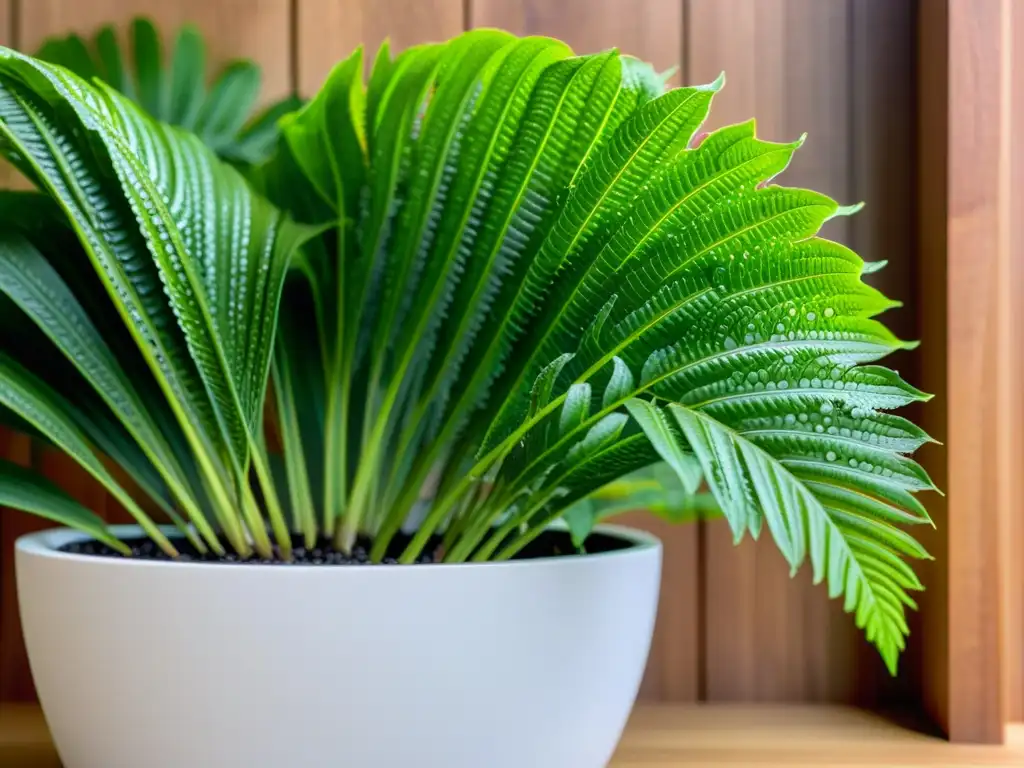 Una exuberante planta de interior estilo sustentable en un moderno macetero blanco, transmitiendo calma y equilibrio