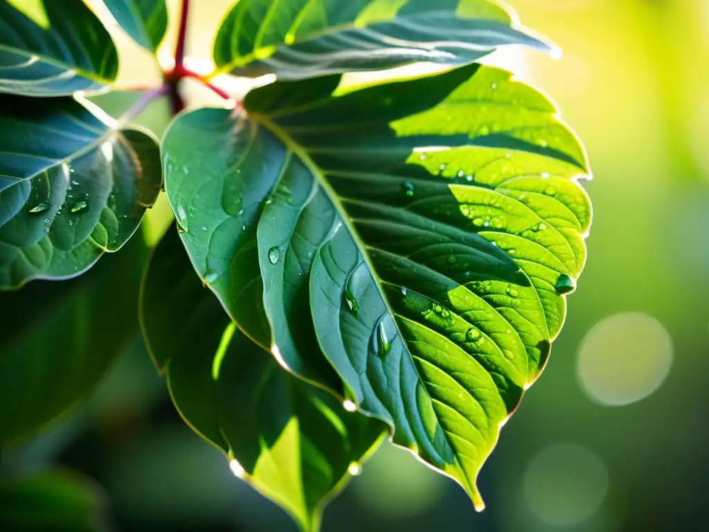 Una exuberante planta de interior con gotas de agua brillantes, iluminada por el sol