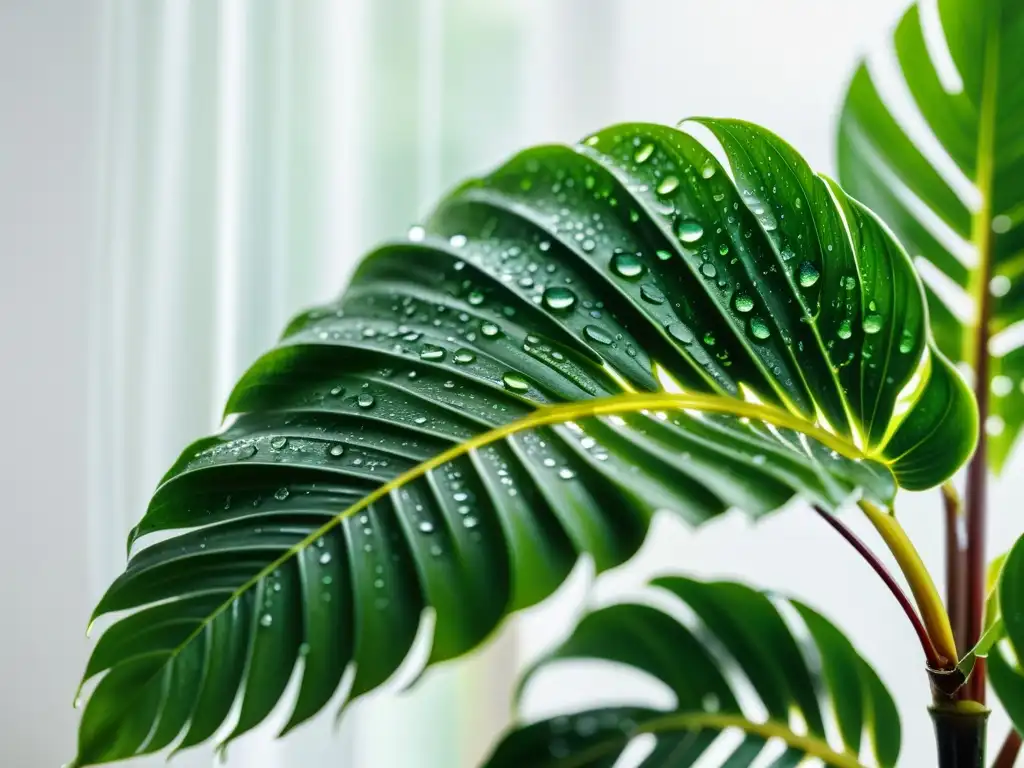 Una exuberante planta de interior con gotas de agua en sus hojas, destacando sus patrones en un fondo blanco