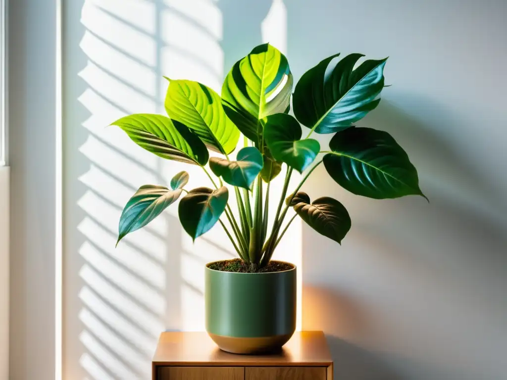 Una exuberante planta de interior con hojas brillantes y vibrantes, en un ambiente tranquilo y natural