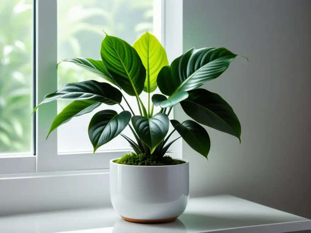 Una exuberante planta de interior con hojas brillantes y saludables en una maceta blanca moderna, iluminada por suave luz natural