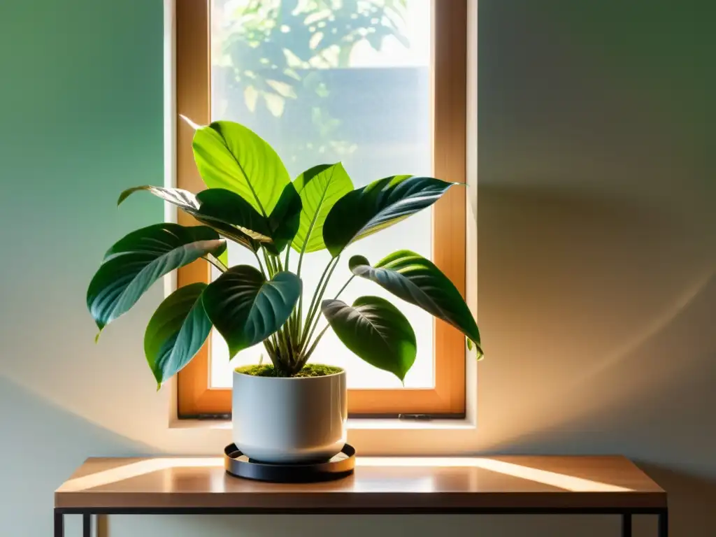 Una exuberante planta de interior con hojas brillantes y patrones intrincados se destaca en un elegante soporte, bañada por una suave luz del sol