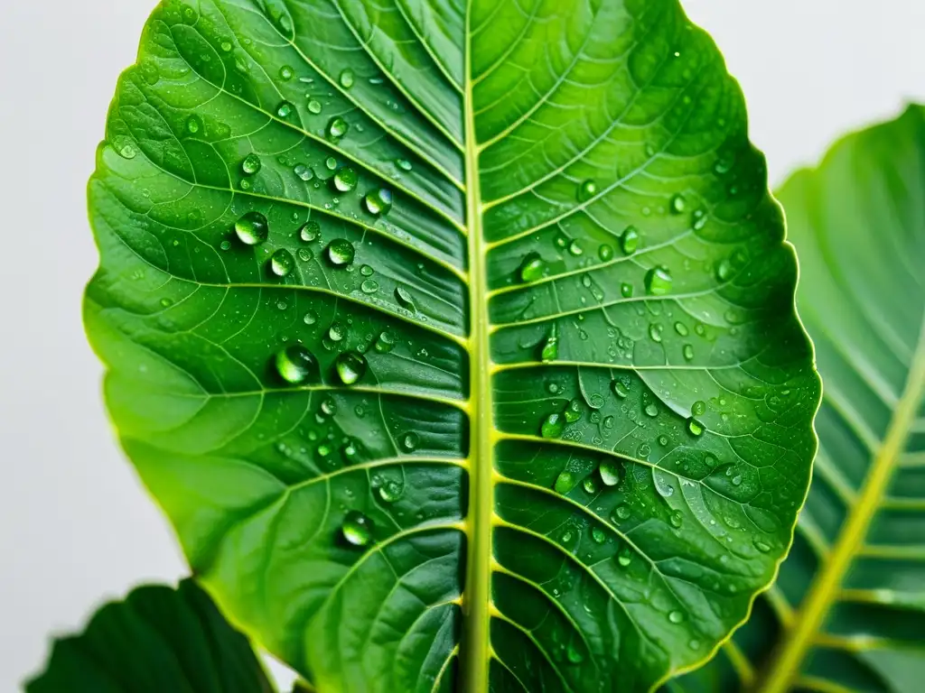 Una exuberante planta interior con hojas delicadas y brillantes gotas de agua, destacando la importancia de un uso regulador de riego para plantas de interior