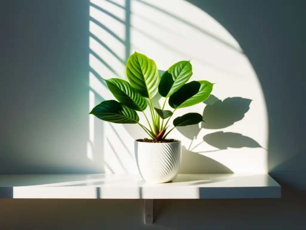 Una exuberante planta de interior con hojas vibrantes iluminadas por el sol, creando un ambiente tranquilo y natural