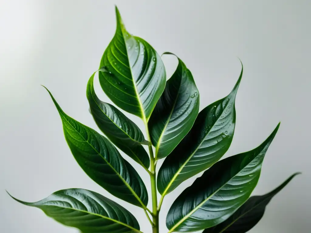 Una fotografía de alta resolución de una exuberante planta de interior, con hojas vibrantes y gotas de agua