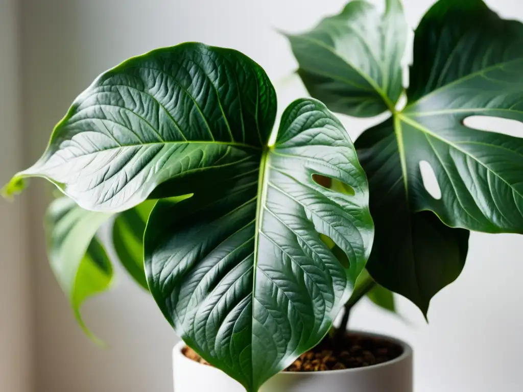 Una exuberante planta de interior con hojas intrincadas, bañada por la suave luz del sol