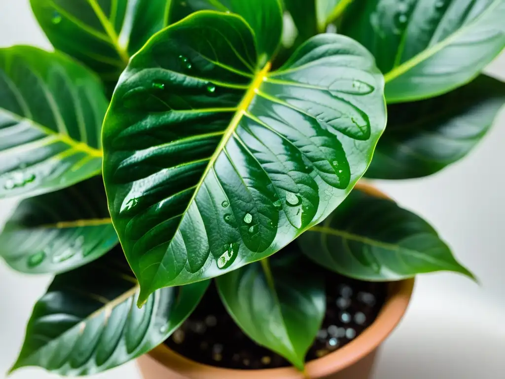 Una exuberante planta de interior con hojas brillantes y patrones intrincados, bañada en suave luz natural