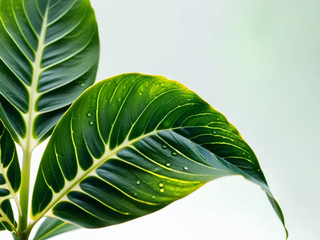 Una exuberante planta de interior con hojas variegadas y gotas de agua, evocando cuidado y tranquilidad