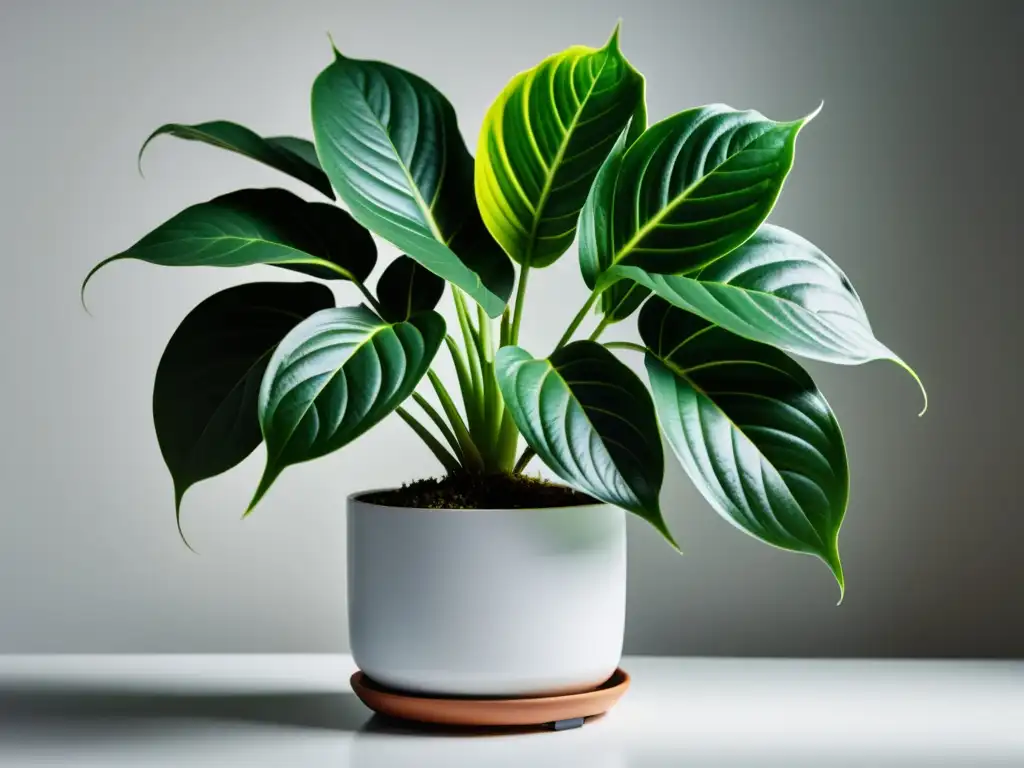 Una exuberante planta de interior con hojas delicadas en una maceta moderna sobre fondo blanco