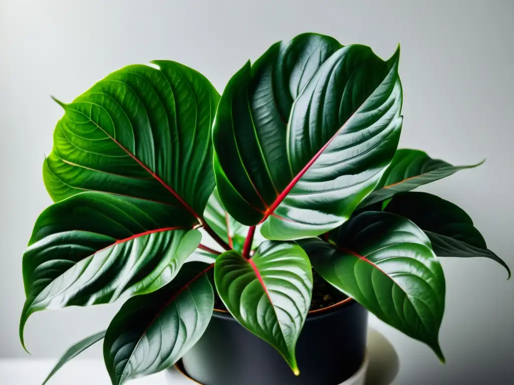 Una exuberante planta de interior, iluminada suavemente, con detalles intrincados y un fondo minimalista