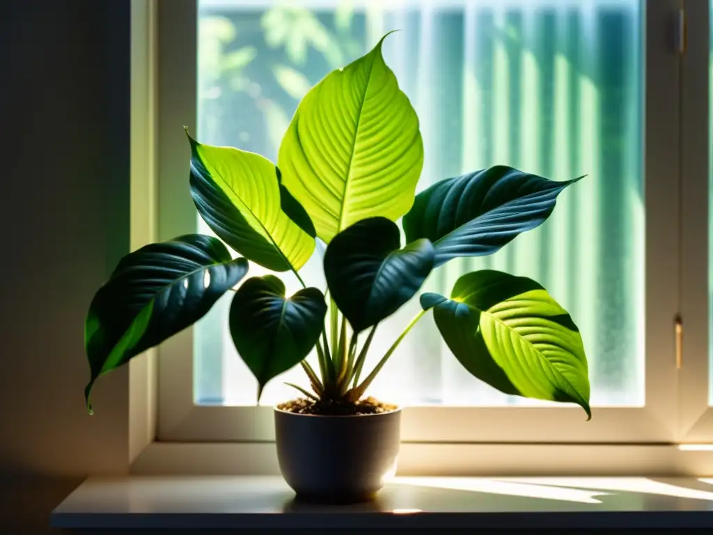 Una exuberante planta de interior, iluminada suavemente por la luz natural junto a la ventana