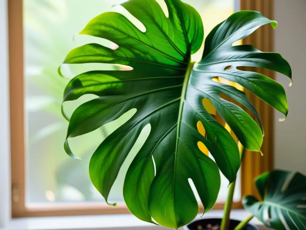 'Fotografía de una exuberante planta de interior iluminada naturalmente, destacando sus detalles y texturas en un ambiente sereno