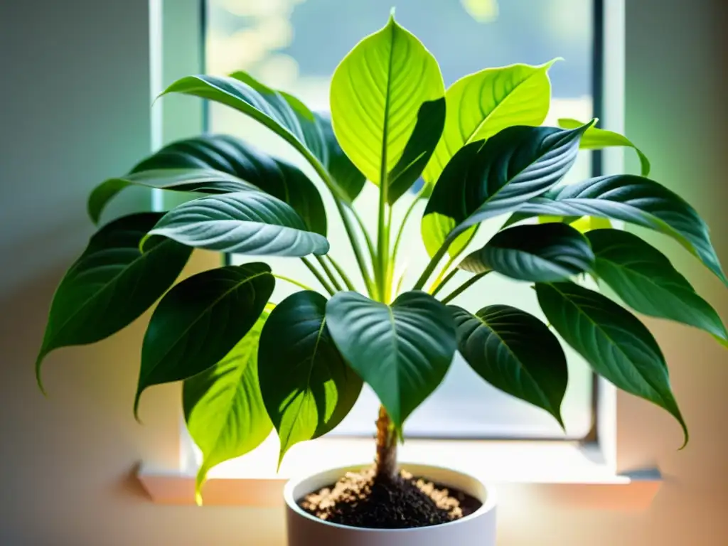 Fotografía de una exuberante planta de interior iluminada por la luz natural, destacando sus verdes vibrantes y texturas detalladas