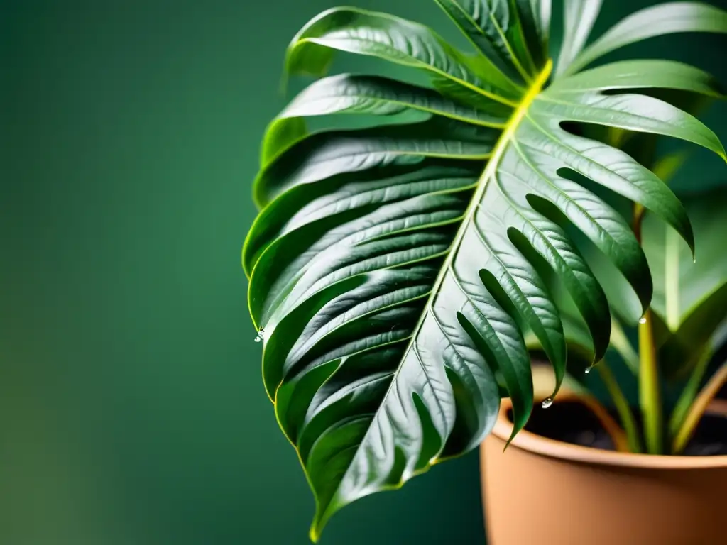 Fotografía de una exuberante planta de interior en luz natural, con hojas detalladas y gotas de agua