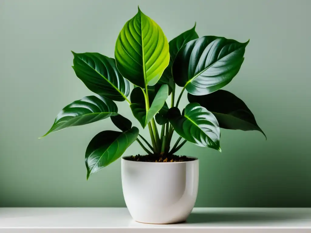 Una exuberante planta de interior en maceta blanca, con hojas vibrantes y saludables, irradiando vitalidad