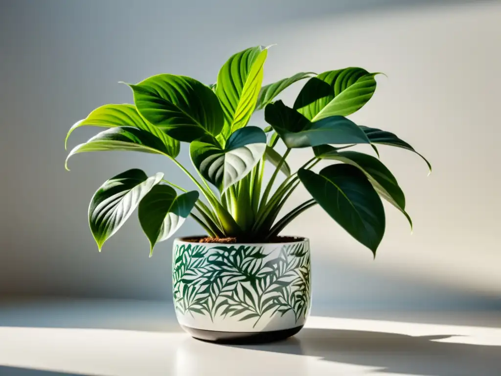 Una exuberante planta de interior en maceta de cerámica moderna, con hojas vibrantes y delicados tallos en busca de la luz solar