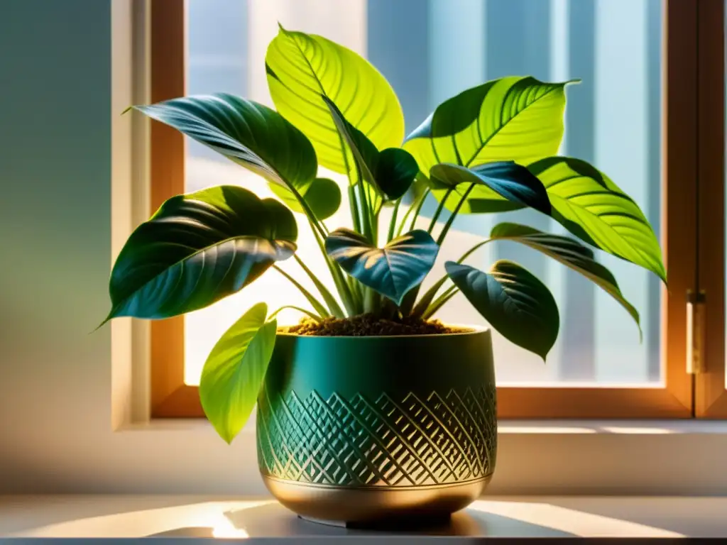 Una exuberante planta de interior en maceta moderna frente a una ventana iluminada por el sol