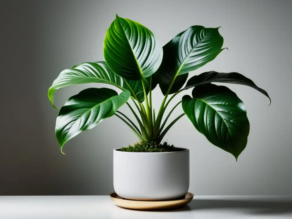 Una exuberante planta de interior en una maceta moderna, irradiando serenidad bajo la suave luz natural