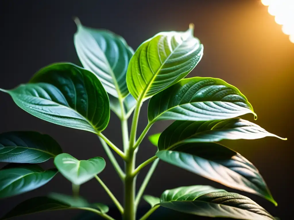 Una exuberante planta de interior bajo la mejor lámpara de crecimiento para plantas, iluminada en un ambiente cálido y moderno