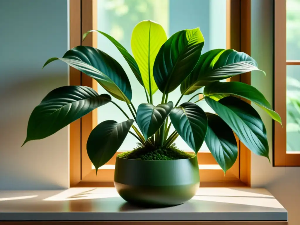 Una exuberante planta de interior en un moderno macetero, bañada por la suave luz natural