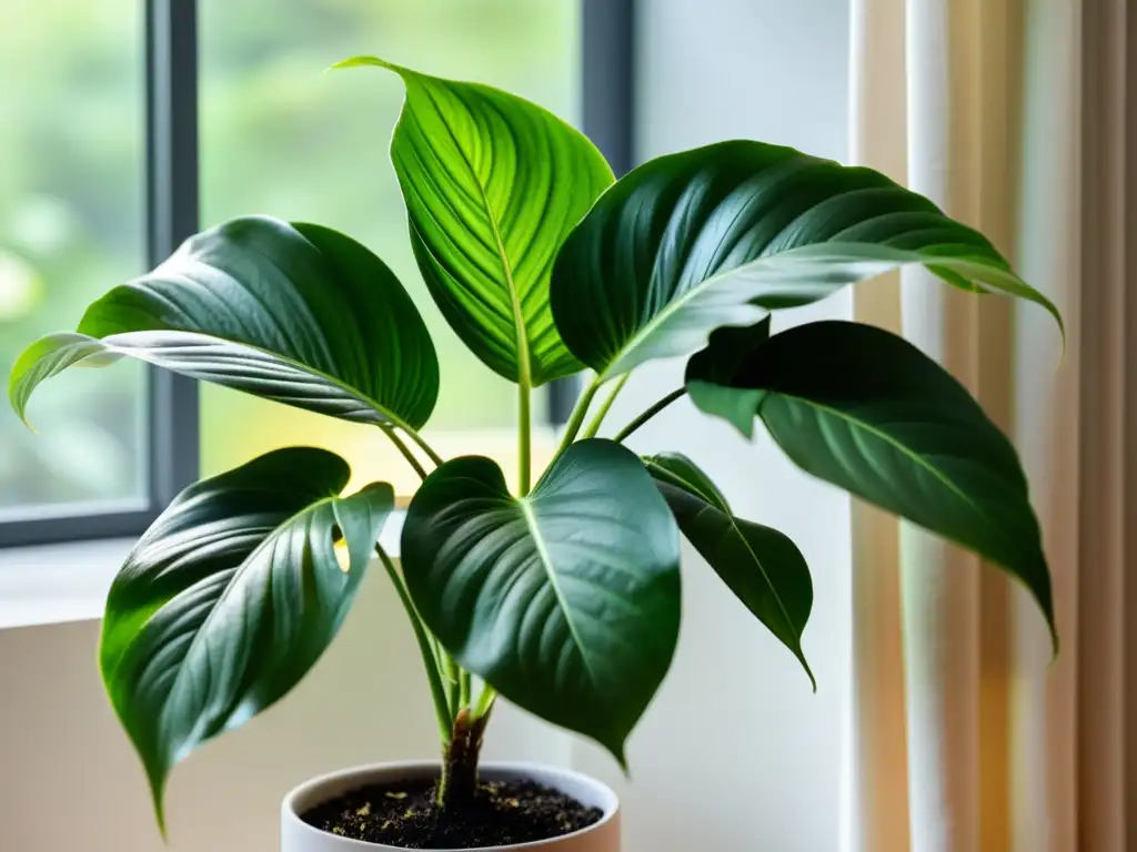 Una exuberante planta de interior en un moderno macetero, resplandeciendo bajo la suave luz natural