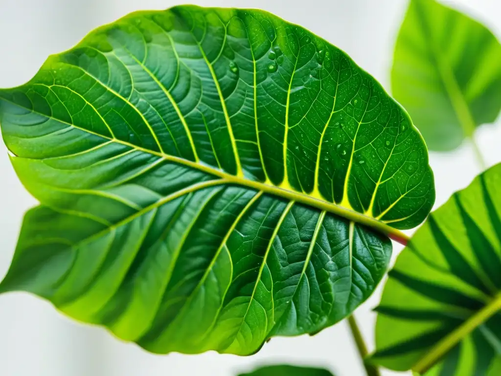 'Una exuberante planta de interior con patrones intrincados y gotas de agua, en un fondo blanco