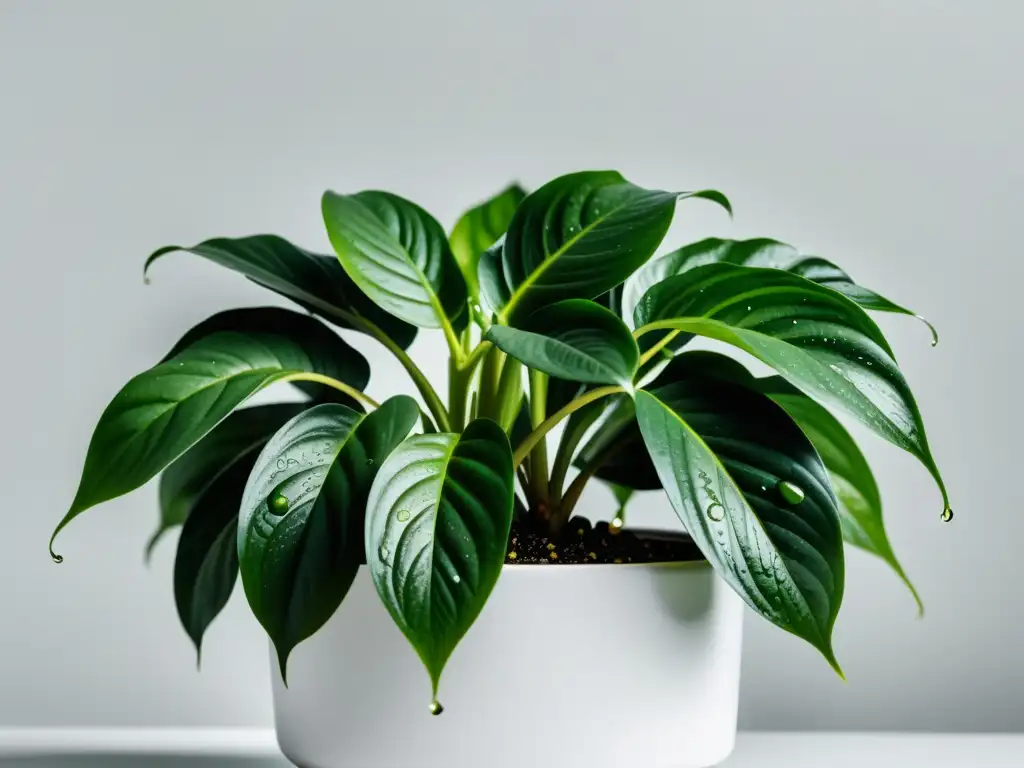 Una exuberante planta de interior con síntomas de sobre riego, en una maceta blanca minimalista, sobre un fondo blanco