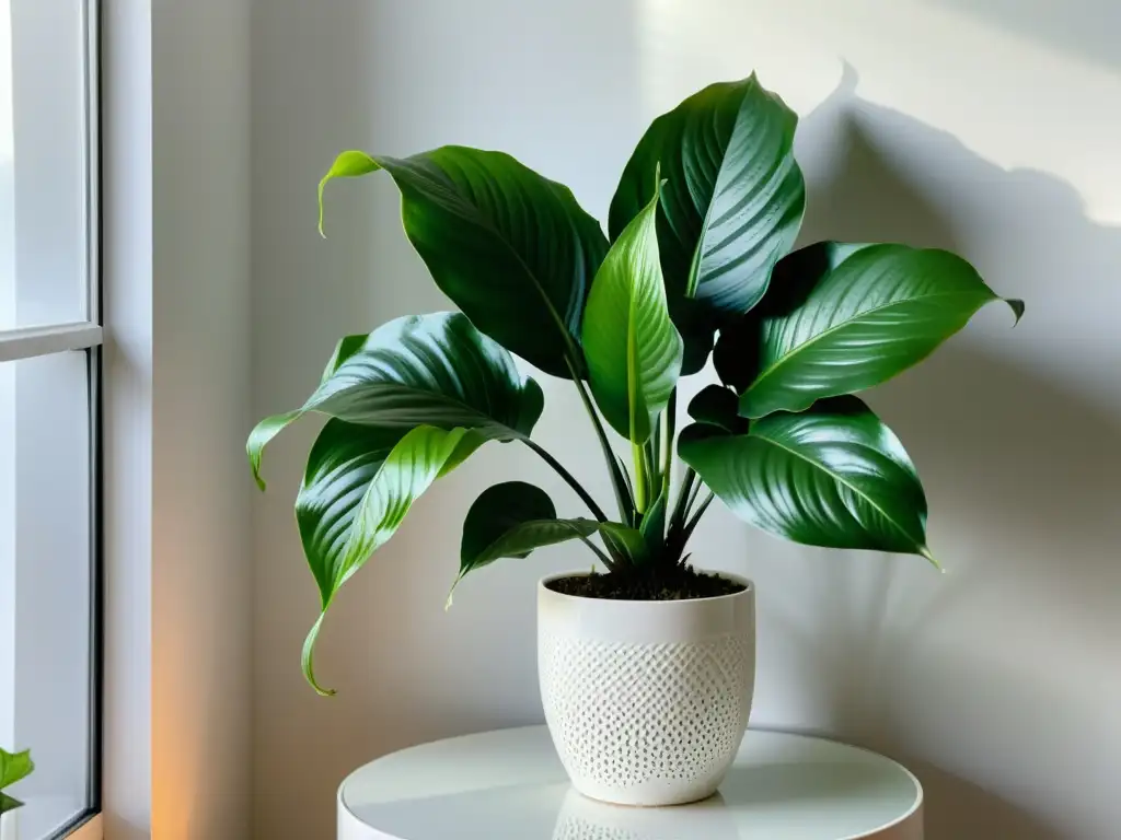 Una exuberante planta de interior en un soporte blanco, iluminando un espacio sereno