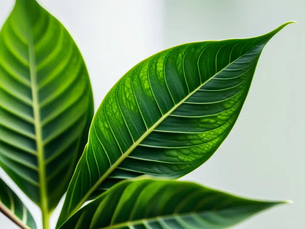 'Una exuberante planta de interior verde, con patrones intrincados en las hojas, iluminada suavemente, evocando calma y serenidad