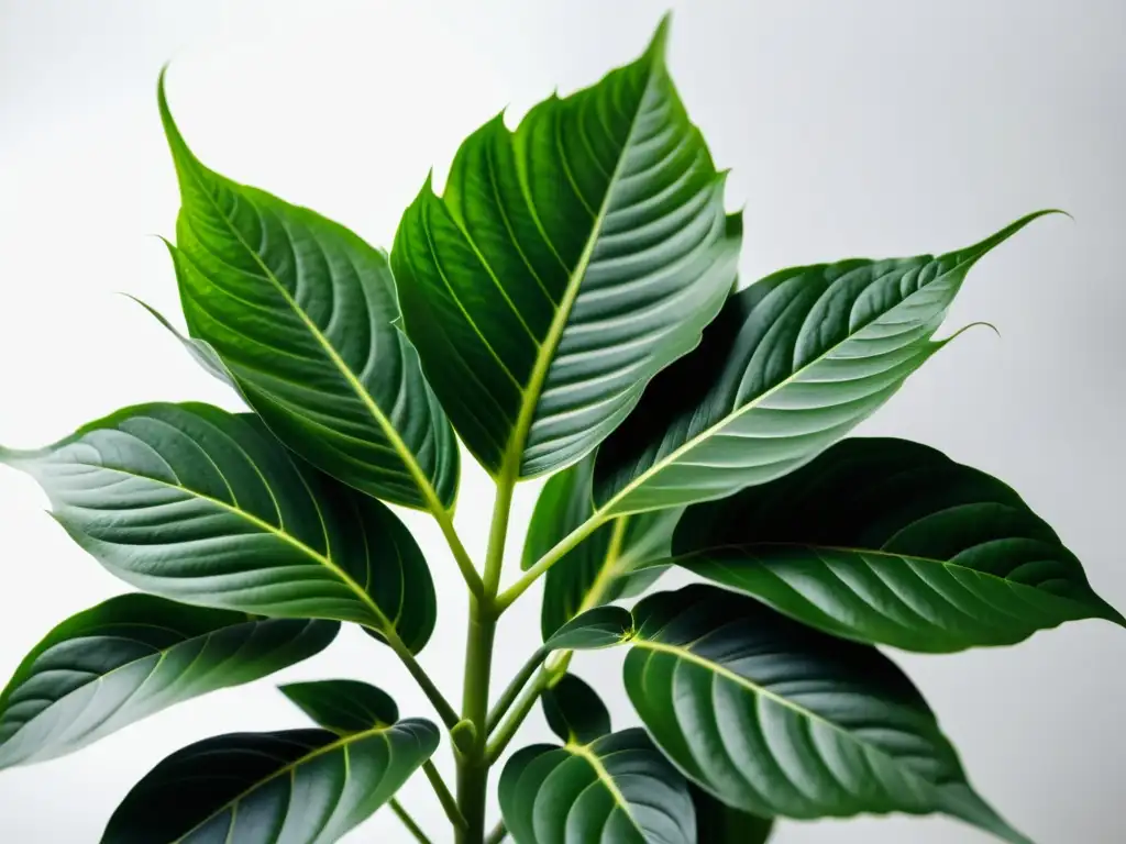 Una exuberante planta de interior verde en primer plano, resaltando sus detalles y texturas