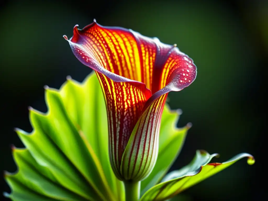 Una exuberante planta de jarra Sarracenia en primer plano, con sus detalladas venas y pelos delicados, mostrando su belleza única