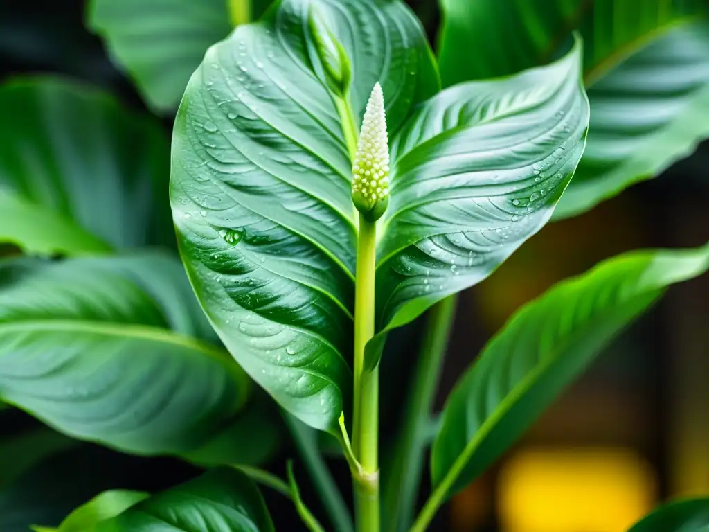 Una exuberante planta de lirio de la paz (Spathiphyllum) en suave luz natural, con hojas verdes y patrones delicados