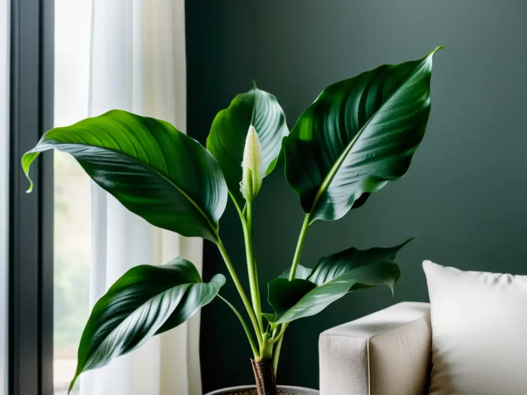 Una exuberante planta de lirio de la paz en un rincón sombrío, resaltando su belleza en ambientes de poca luz