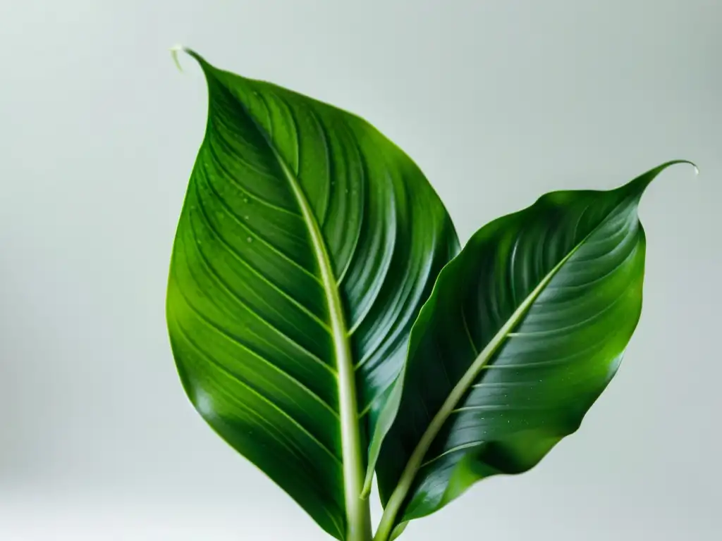 Exuberante lirio de la paz: detalle verde y sereno Una exuberante planta de lirio de la paz con hojas brillantes y gotas de agua, evocando tranquilidad