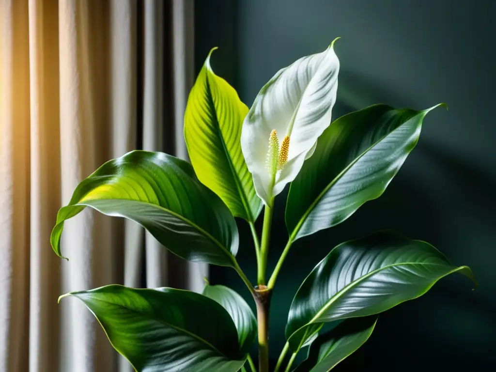 Una exuberante planta de lirio de la paz, con hojas vibrantes y brillantes en un ambiente interior tenue