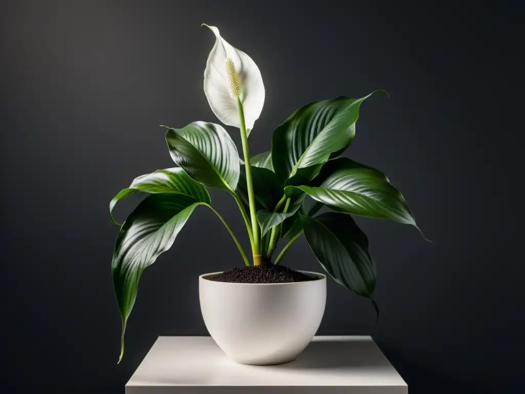 Una exuberante planta de lirio de la paz en un pedestal blanco, destacando en un fondo oscuro y sereno