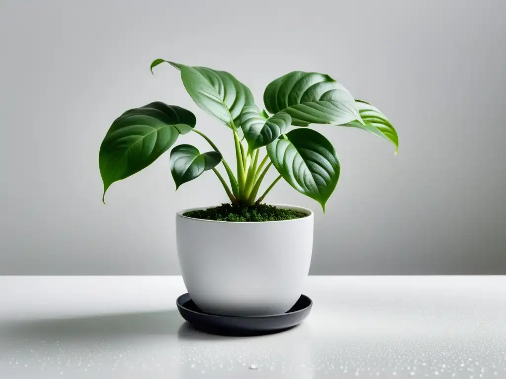 Una exuberante planta en maceta, con hojas vibrantes y saludables, en un entorno fresco y minimalista