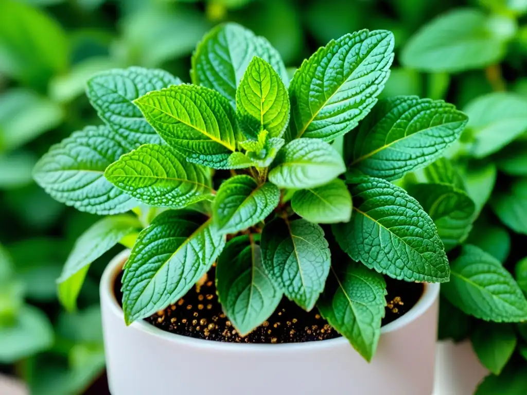 Una exuberante planta de menta fresca en un elegante macetero blanco, irradiando vitalidad y frescura