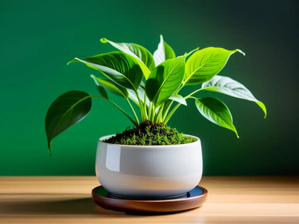 Una exuberante planta de té en un moderno macetero, iluminada por la suave luz natural