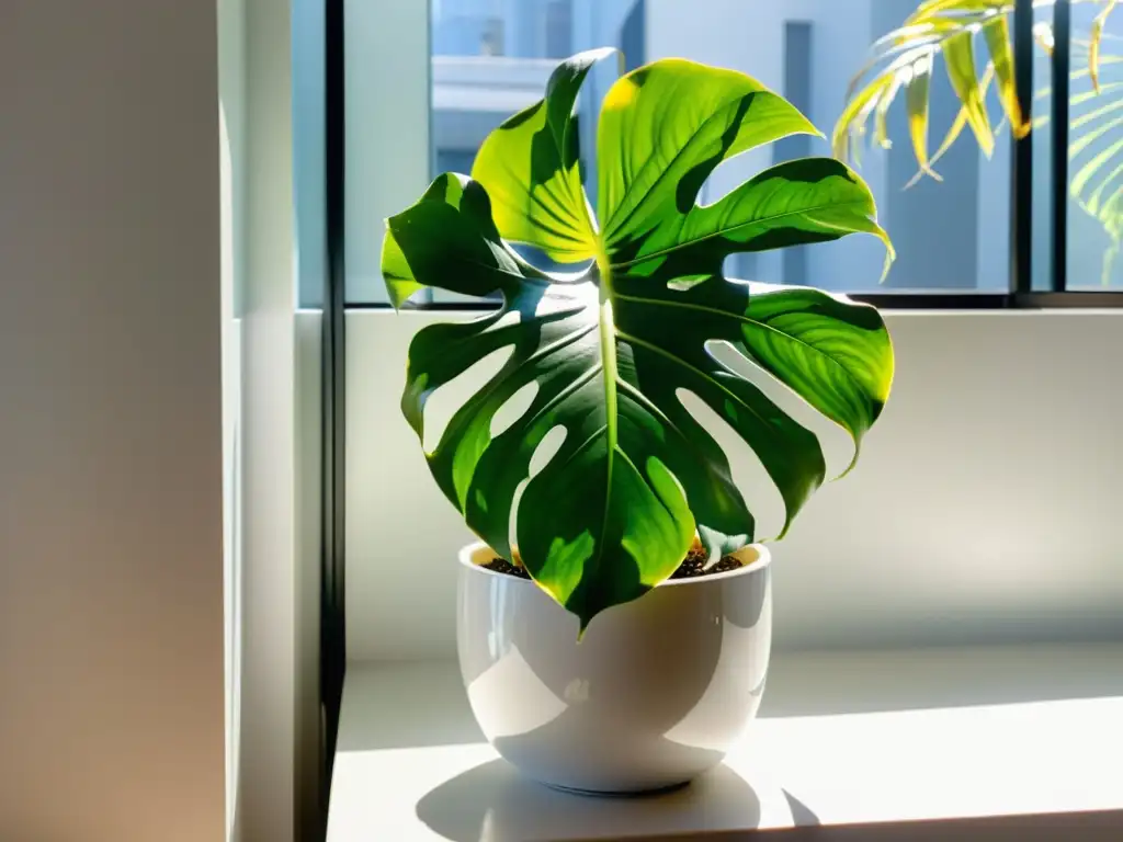 Una exuberante planta monstera deliciosa en un elegante macetero blanco, iluminada por el cálido sol en un espacio interior aireado