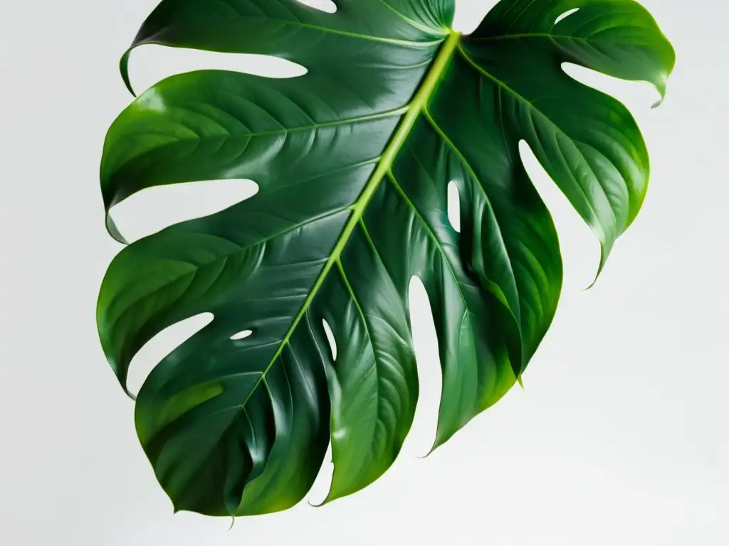 Una exuberante planta monstera deliciosa en un fondo blanco, destacando sus detalles en una composición elegante y calmada