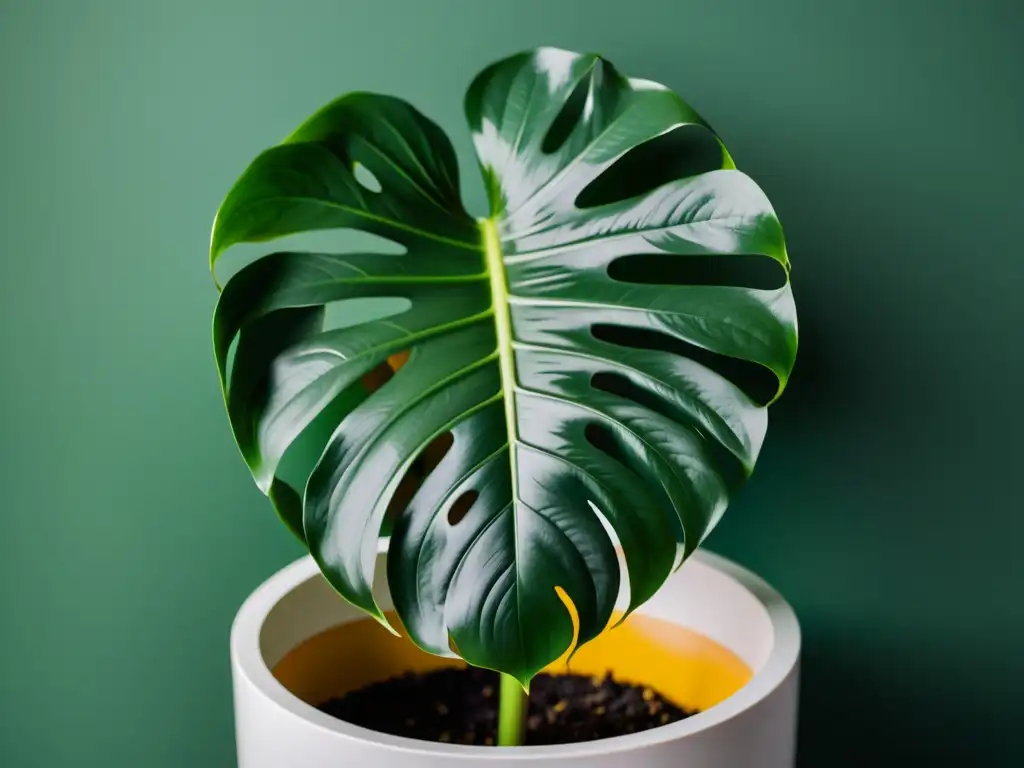 Una exuberante planta de interior, Monstera Deliciosa, en una elegante maceta blanca