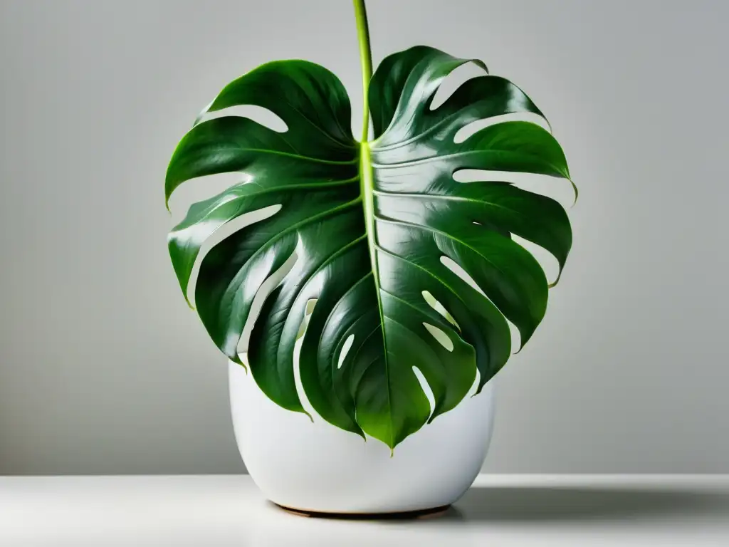 Una exuberante planta monstera deliciosa en maceta blanca, brilla con elegancia