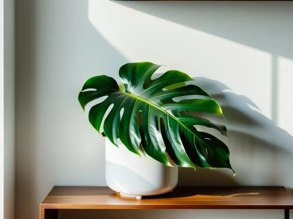 Una exuberante planta monstera en un elegante macetero blanco sobre una estantería de madera minimalista