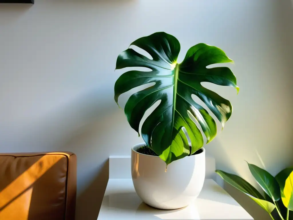 Una exuberante planta Monstera en un elegante macetero blanco, destacando en un moderno interior lleno de luz natural