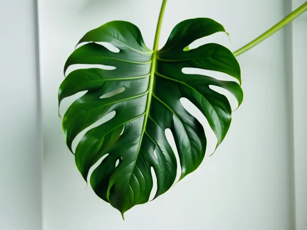 Una exuberante planta de interior Monstera, con hojas verdes resaltando en un fondo blanco